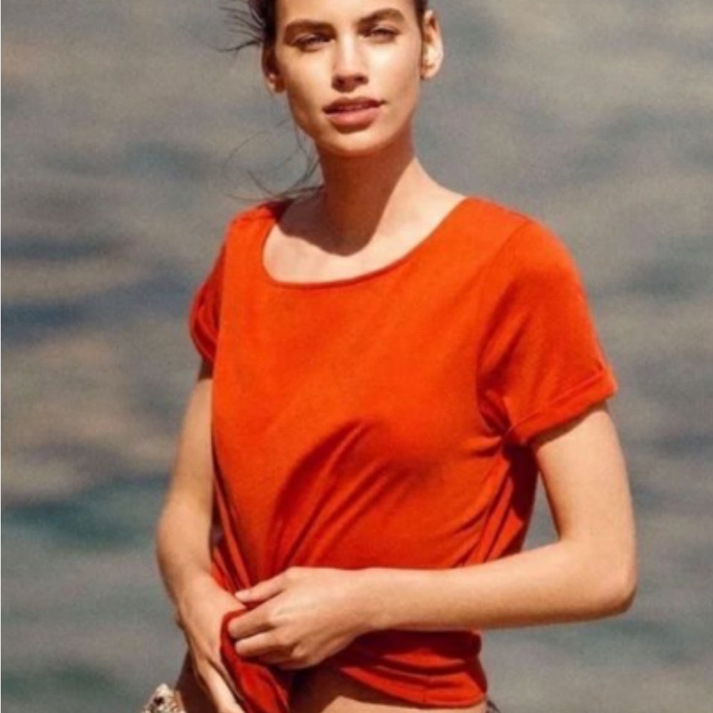 Sezane Vibrant Orange Scoop Neck Short Sleeve Tee
